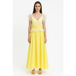 American vintage OOAK yellow white lace formal gown flutter sleeves bow medium